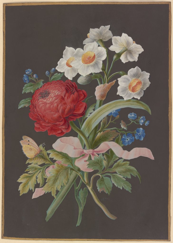 Blumengebinde mit roter Ranunkel (Ranunculus), weißer Tazette (Narcissus tazetta) und blauer Blume (?) mit Postillon, 