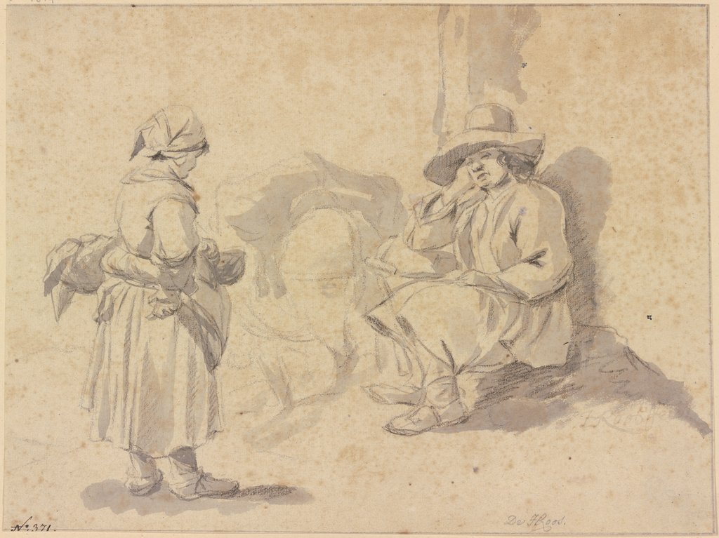 Ein Mann ruht hinter seinem beladenen Esel aus, vor ihm steht ein Mädchen mit einem Korb, Johann Heinrich Roos