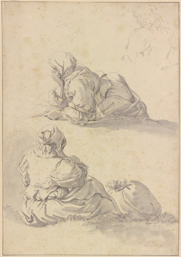 Eine aufgestützt liegende sowie eine bei einem Sack sitzende Frau, Johann Heinrich Roos