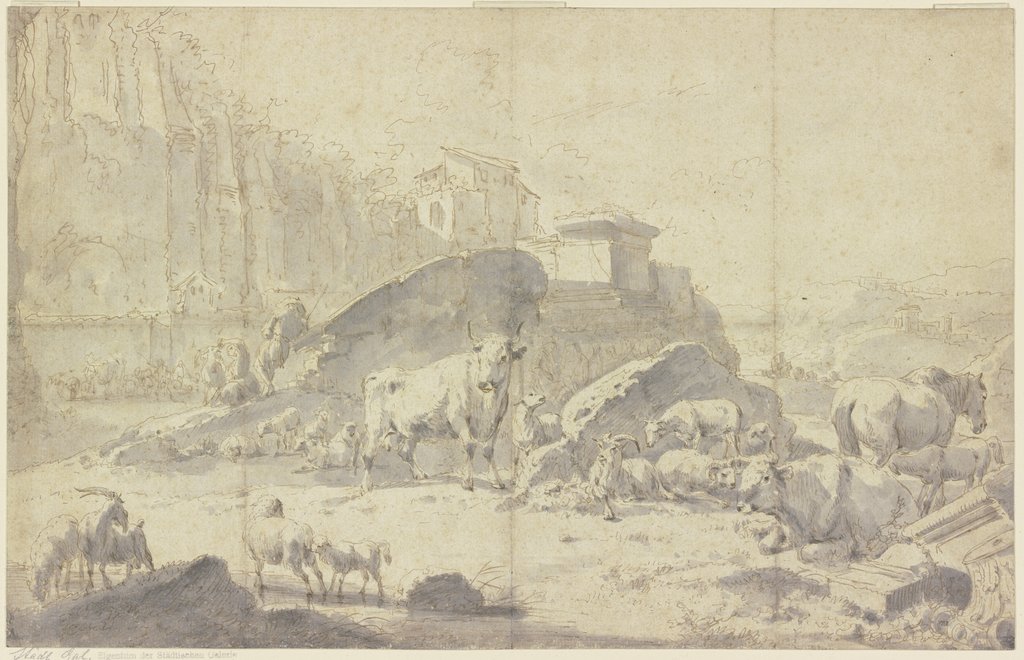 Herde von Ziegen, Schafen, Kühen und Pferden in einer italienischen Berglandschaft mit Ruinen, Johann Heinrich Roos