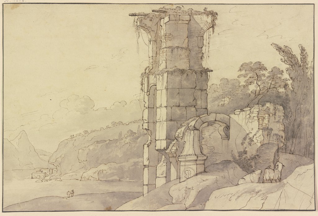 Antike Ruine an einem Bergsee, vorne rechts zwei Schafe, Johann Heinrich Roos