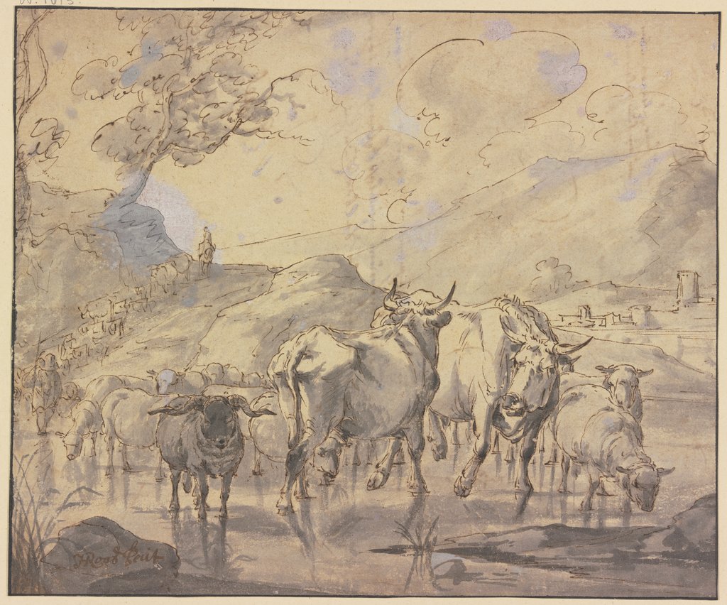 Eine Herde von Rindern und Schafen kommt einen Bergpfad herab zur Tränke, Johann Heinrich Roos