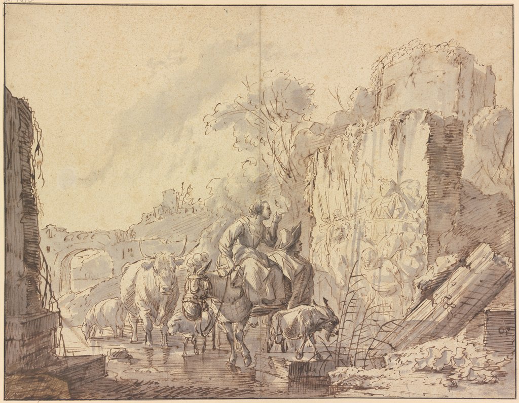 Hirtin und Hirte mit ihrer Herde in einer Ruinenlandschaft, ein antikes Fresko betrachtend, Johann Heinrich Roos