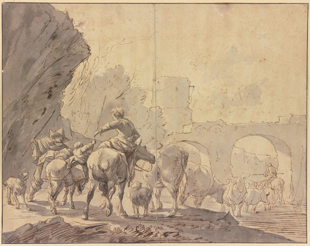Eine Herde zieht durch Wasser unter einem Brückenbogen durch, gefolgt von einer Hirtin zu Pferde, einem Kinde zu Esel und dem Hirten zu Fuß, Johann Heinrich Roos
