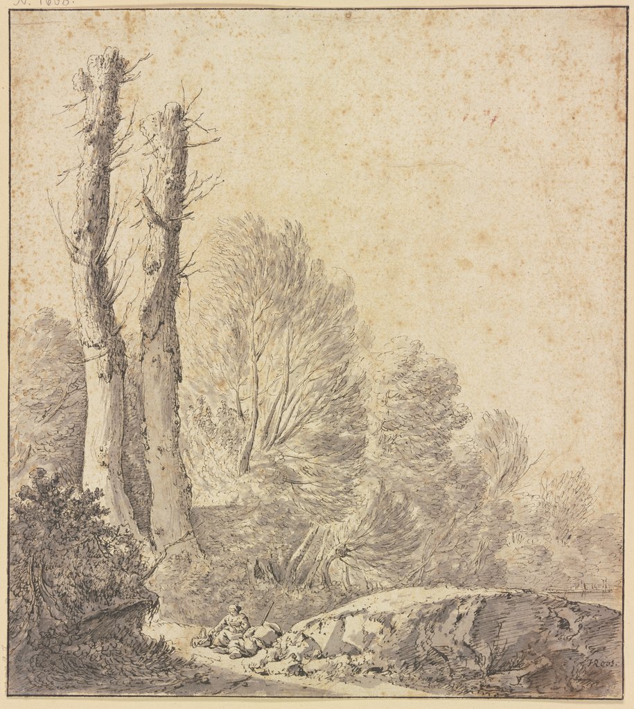 Waldpartie mit zwei kahlen Bäumen, im Vordergrund am Wege ruhendes Paar, Johann Heinrich Roos