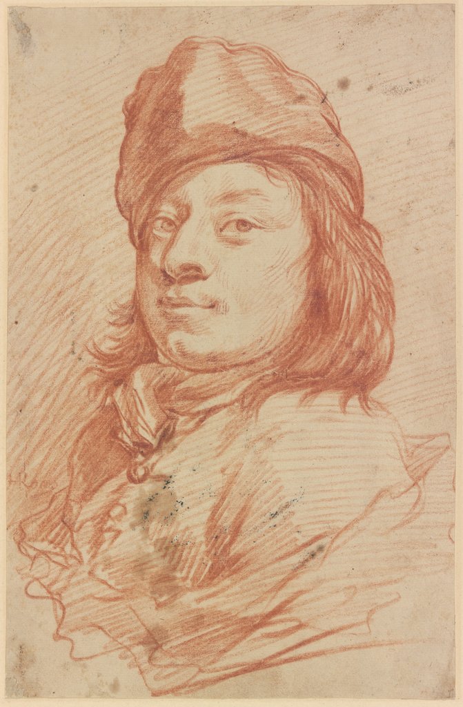 Brustbild eines Mannes mit Mütze und langem Haar im Dreiviertelprofil nach links, Johann Melchior Roos
