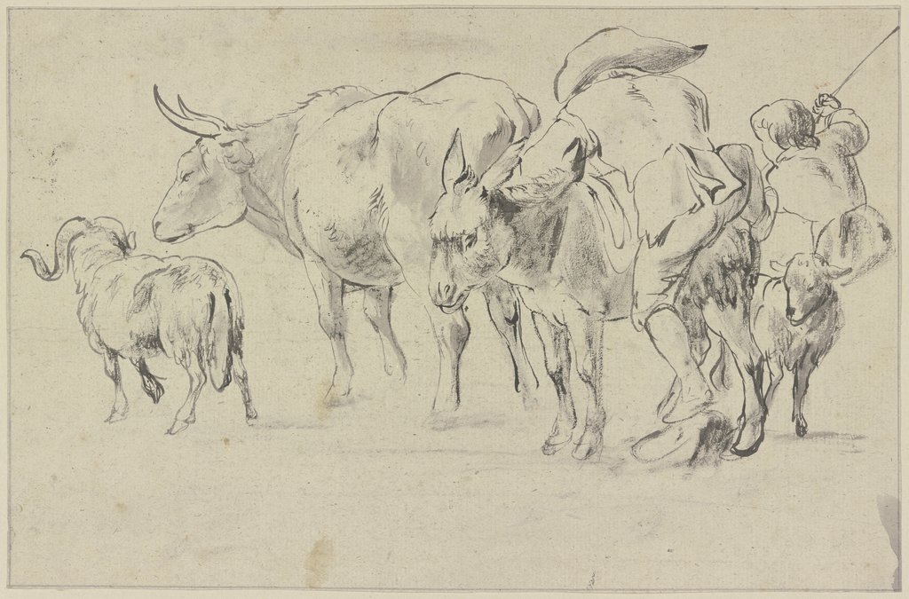 Hirte, der einen Esel besteigt, mit zwei Schafen und einer Kuh, rechts Skizze eines Hirtenbuben, Johann Heinrich Roos