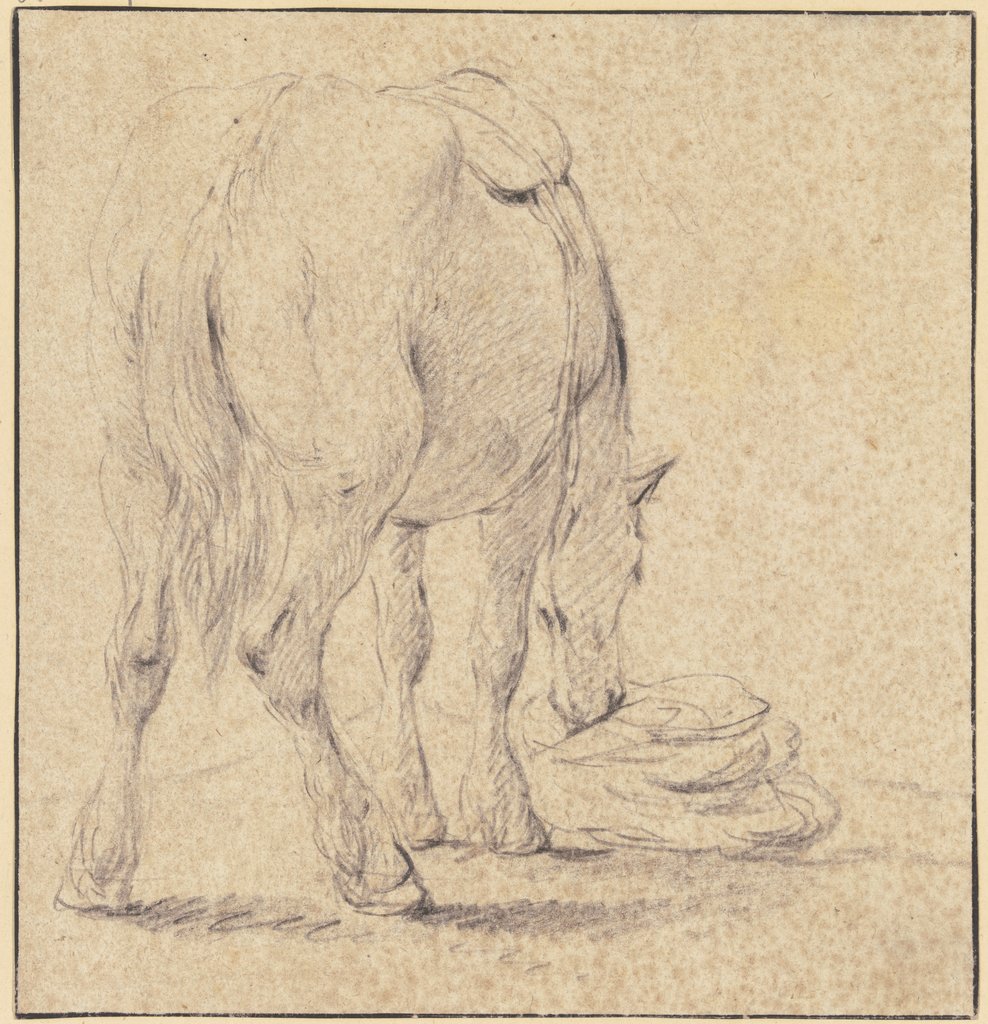Aus einem Sack fressendes Pferd, rückansichtig in starker Verkürzung, Johann Heinrich Roos