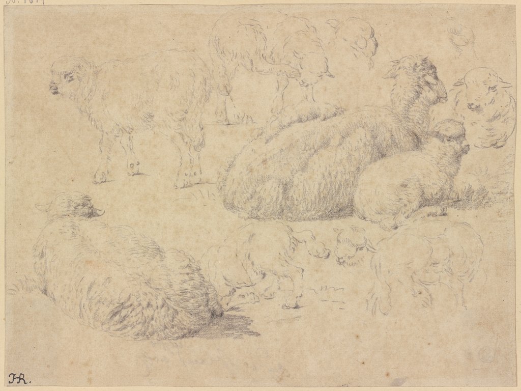 Zwei liegende Schafe mit Lämmern, im Hintergrund zwei stehende Schafe, Johann Heinrich Roos