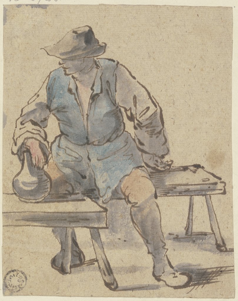 Sitzender Bauer, die Hand auf einen Krug gelegt, der vor ihm auf einer Bank steht, Johannes Lingelbach