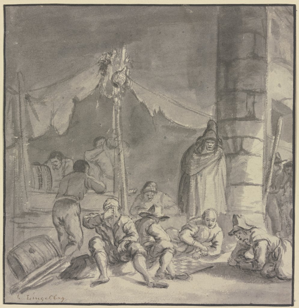 Trinker und Spieler an einer Mauer unter einem Zelt beim Brettspiel, Johannes Lingelbach