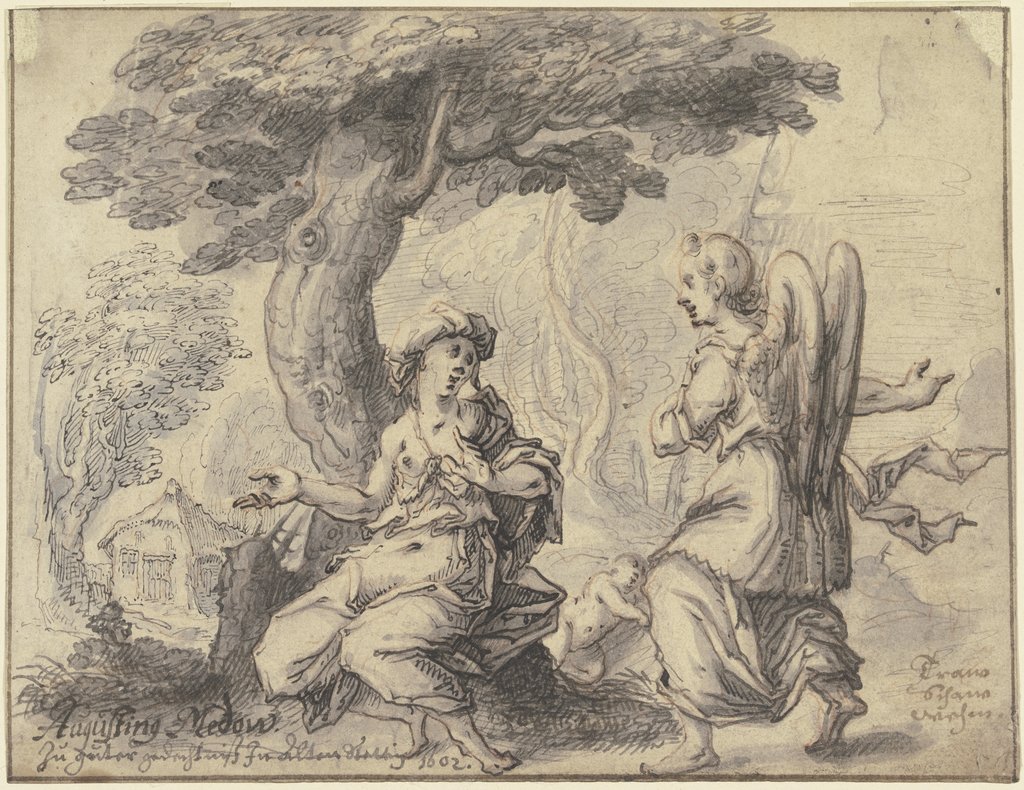 Der Hagar, die unter einem Baum sitzt, erscheint von rechts kommend ein Engel, zwischen ihnen liegt Ismael schlafend am Boden, Augustin Medow
