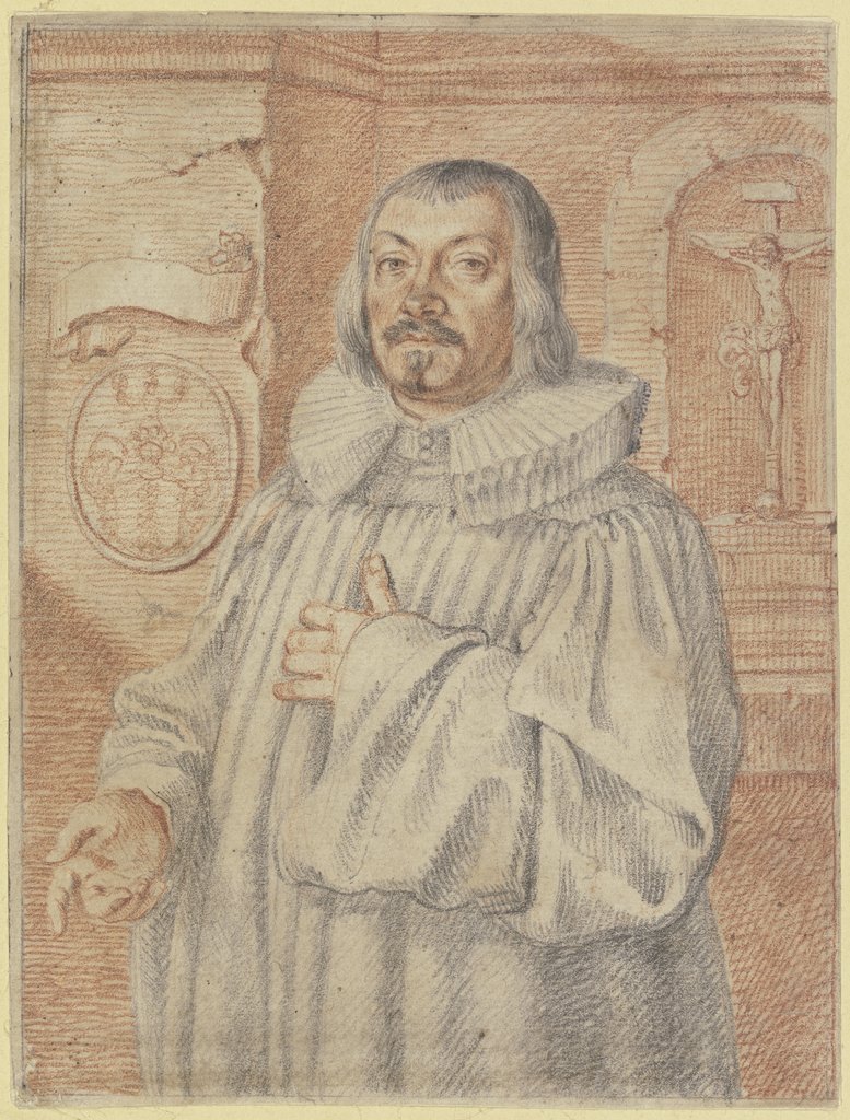 Bildnis eines protestantischen Predigers, links ein Wappen mit drei Blumen, rechts ein Kruxifix, Wolfgang Kilian