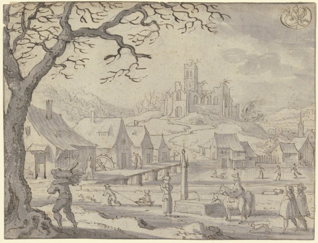 Monatsbild Januar, oben rechts das Zeichen des Wassermanns, Matthäus Merian d. Ä.