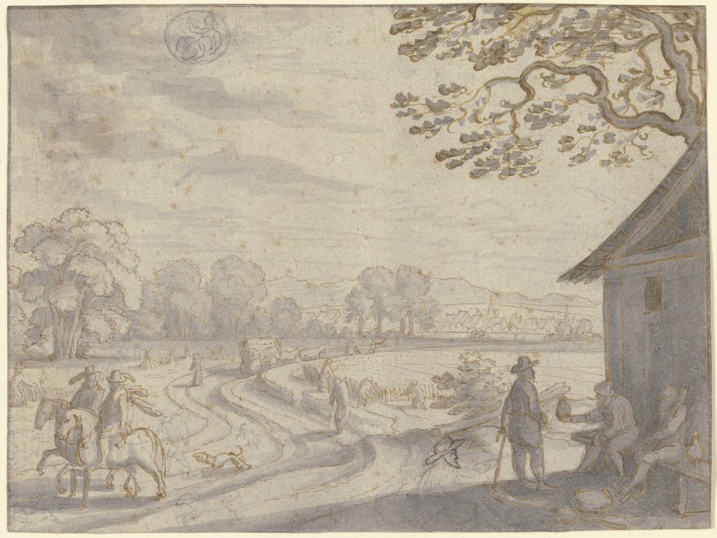 Monatsbild August, oben links das Zeichen der Jungfrau, Matthäus Merian d. Ä.
