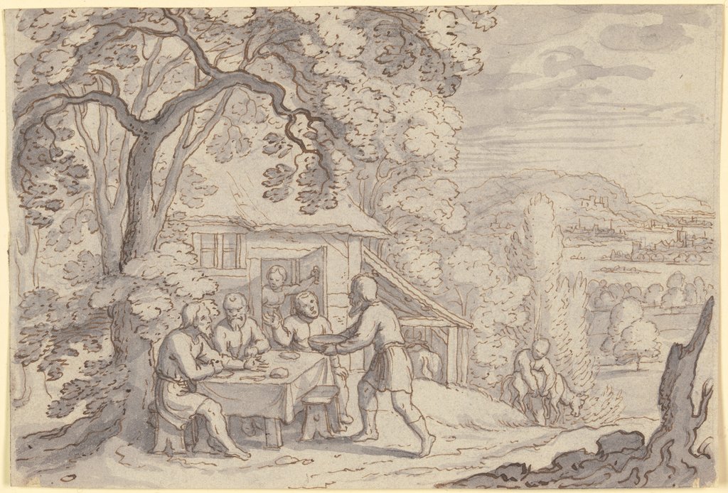 Abraham bewirtet die drei Engel unter einem Baum vor seinem Haus, Matthäus Merian d. Ä.