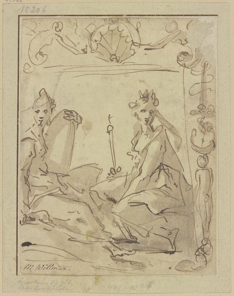 Zwei weibliche Figuren unter einer Muscheldekoration, Michael Willmann