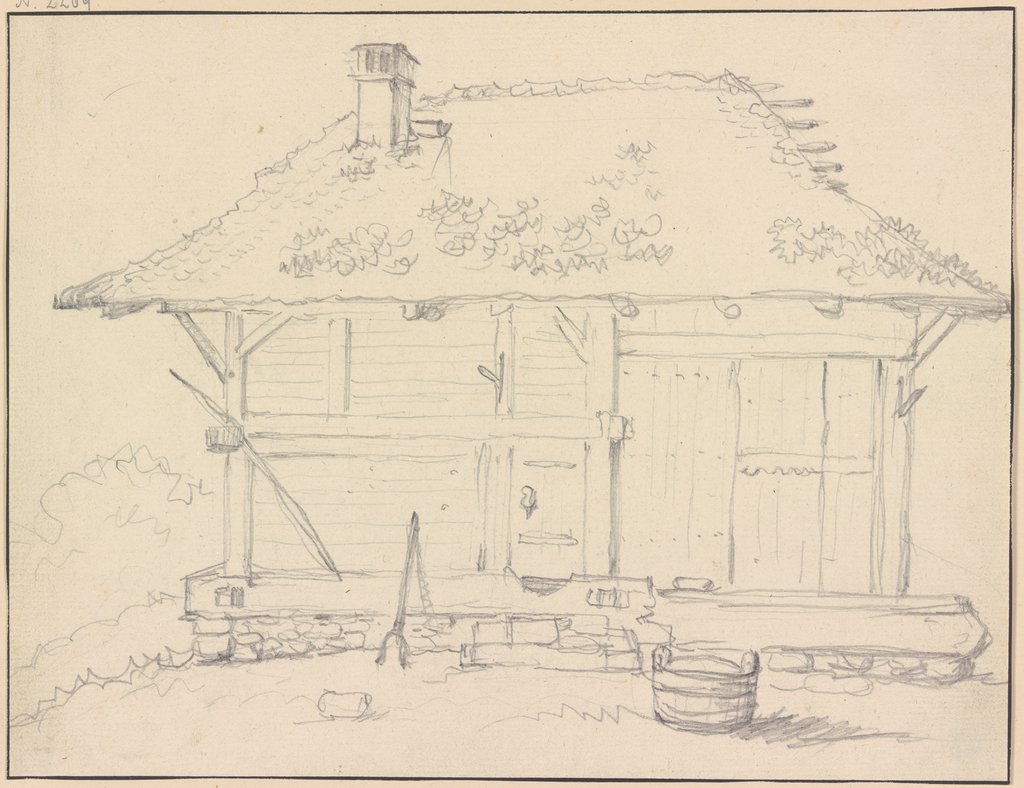 Bauernhaus, vor dem ein Zuber steht, Friedrich Wilhelm Hirt