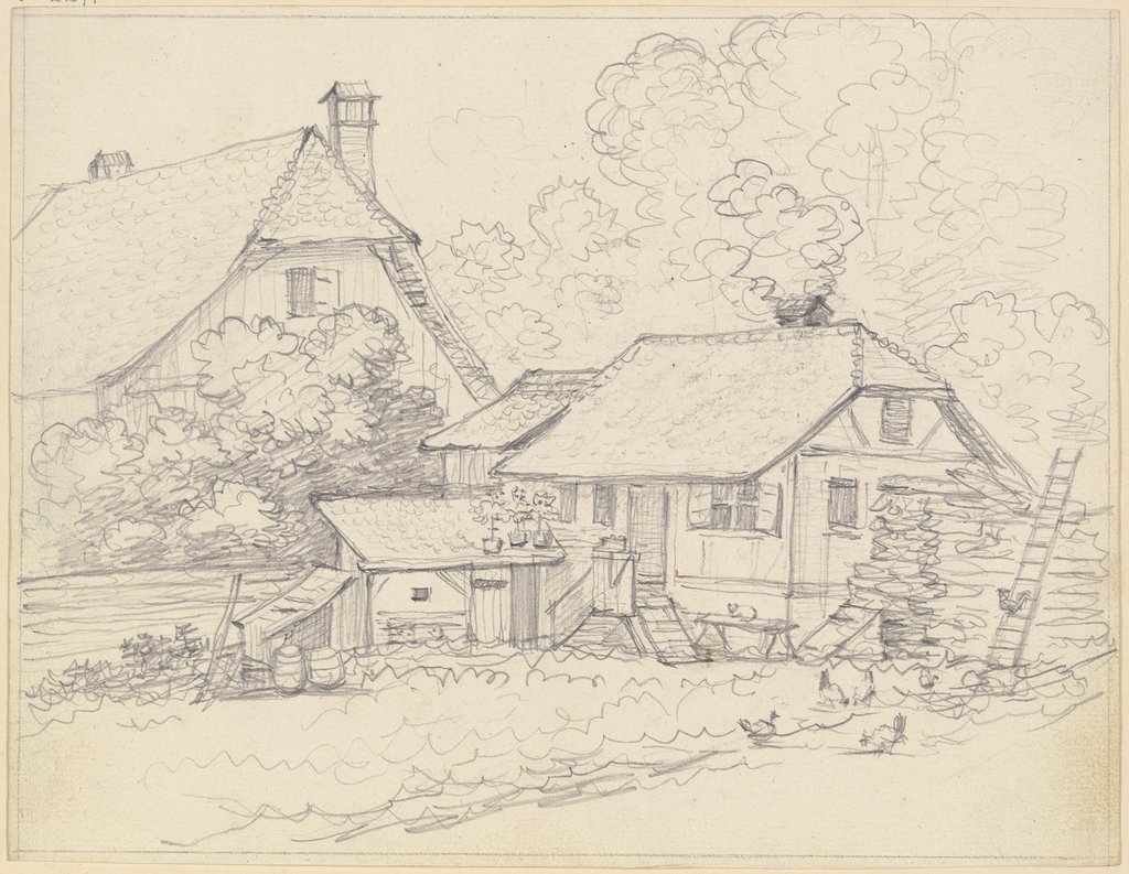 Bauernhof, im Vordergrund Hühner, Friedrich Wilhelm Hirt
