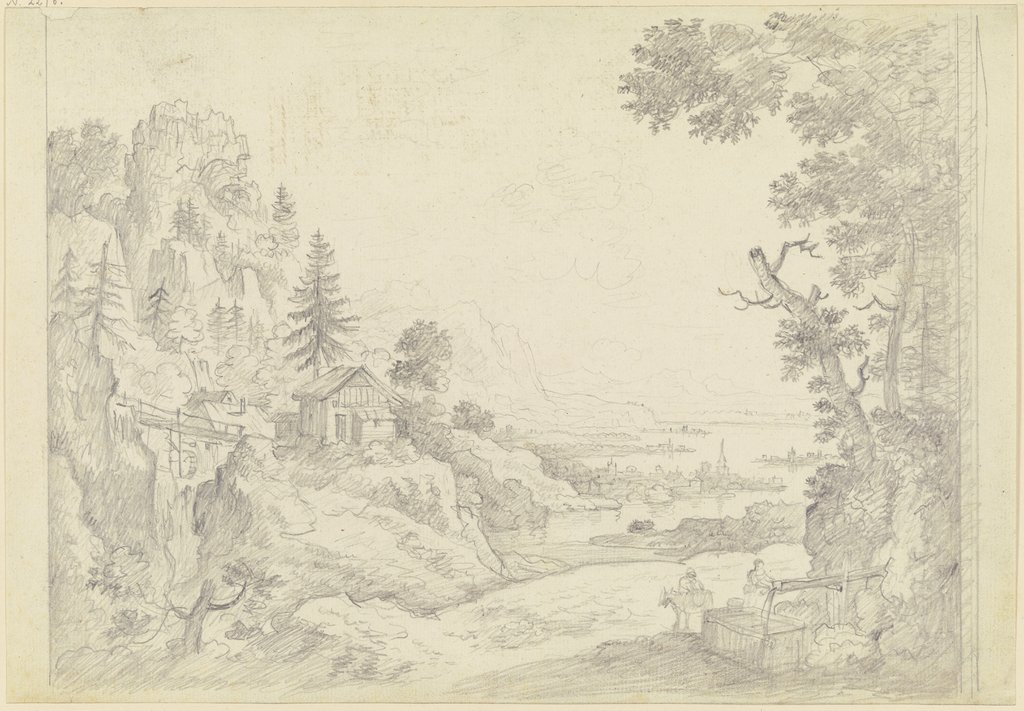 Blick in ein Flußtal zwischen hohen Bergen, Friedrich Wilhelm Hirt