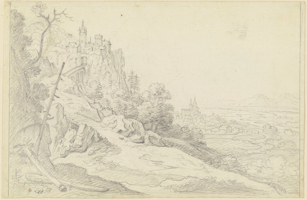 Gebirgslandschaft, links ein Felsenschloß, rechts Blick in eine Ebene mit einer Stadt, Friedrich Wilhelm Hirt