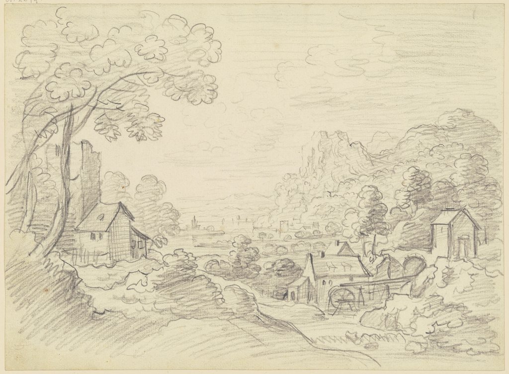 Gebirgige Landschaft, rechts vorne eine Wassermühle, Friedrich Wilhelm Hirt