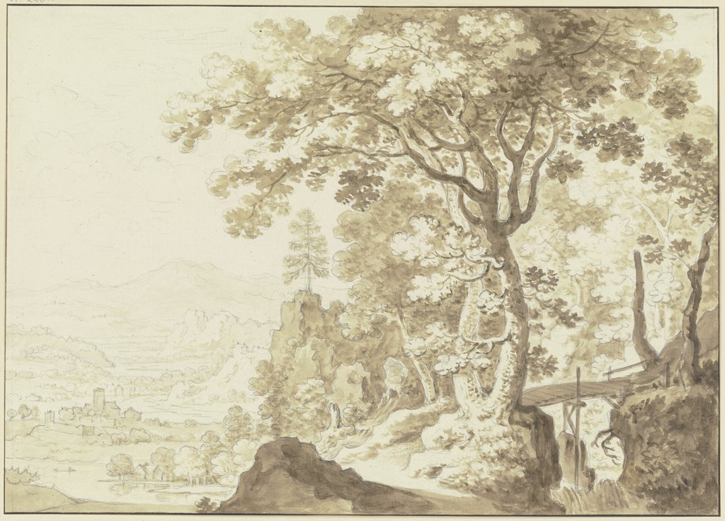 Gebirgslandschaft, links ein Talblick, rechts hohe Bäume und ein Steg über eine Schlucht, Friedrich Wilhelm Hirt