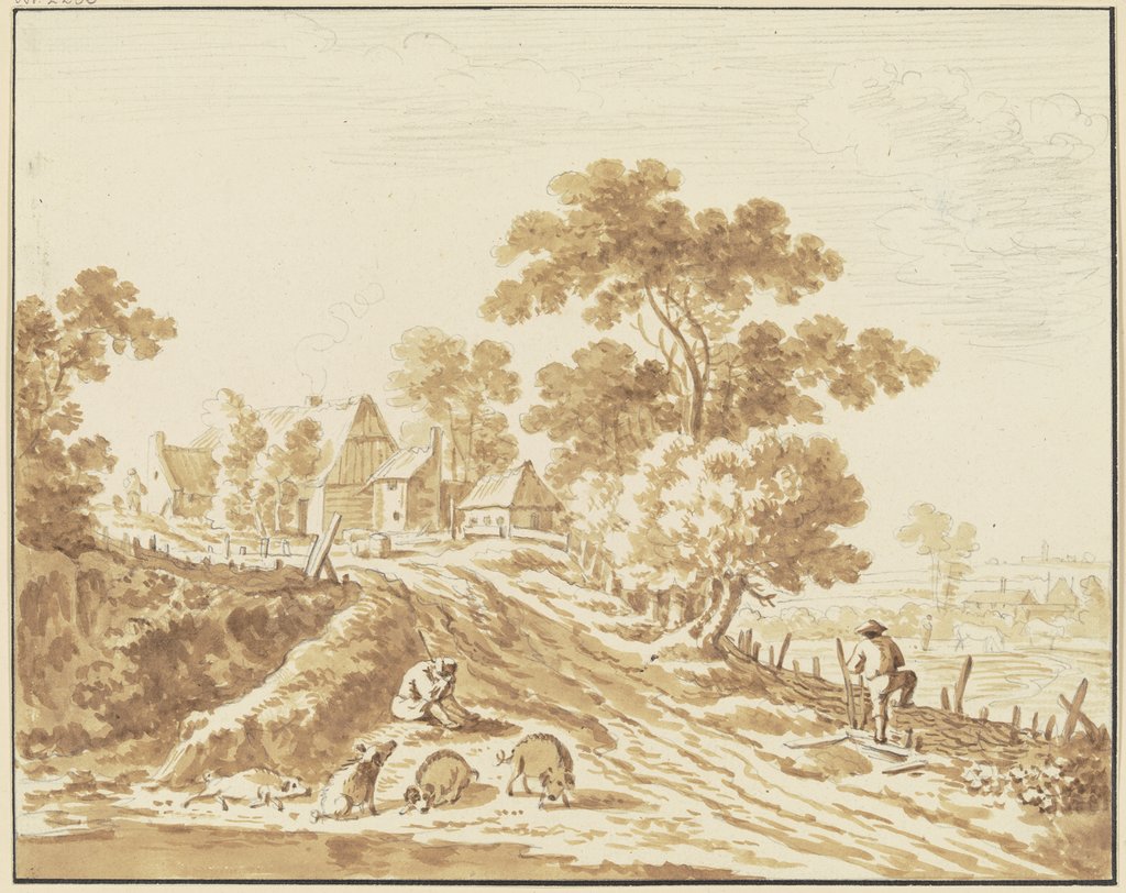 Bauernhof, im Vordergrund ein Hirte mit Schweinen, Friedrich Wilhelm Hirt