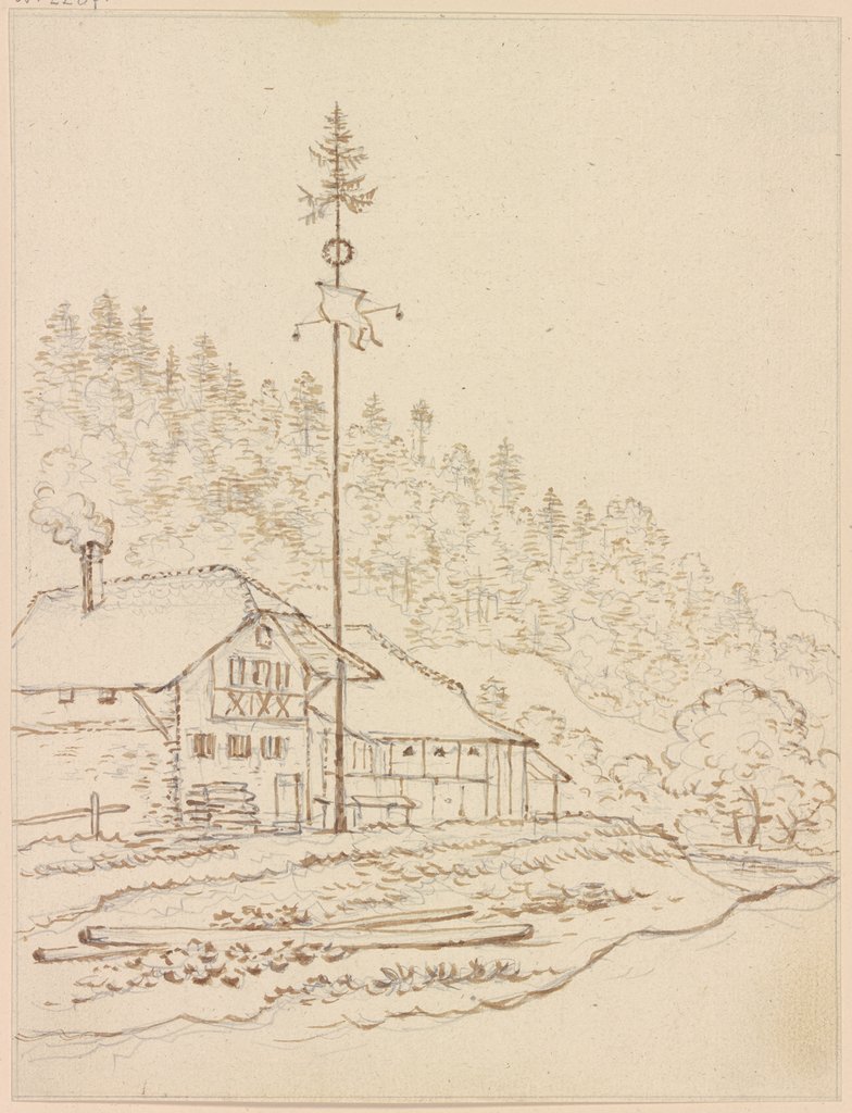 Bauernhäuser am Waldrand, davor ein Maibaum, Friedrich Wilhelm Hirt