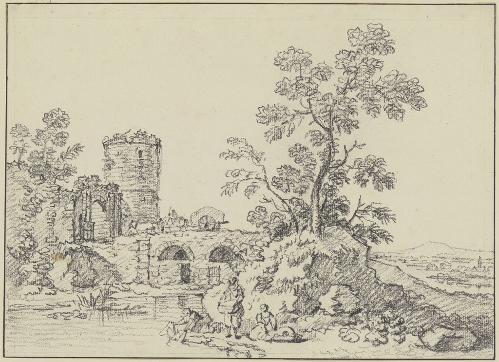 Runder Turm und Ruinen bei einer Brücke, im Vordergrund drei Wäscherinnen, Friedrich Wilhelm Hirt