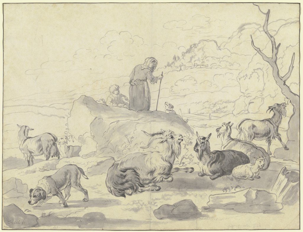 Ziegenherde mit einem Hund, hinter einem Felsblock eine alte Hirtin mit einem Kind, Friedrich Wilhelm Hirt