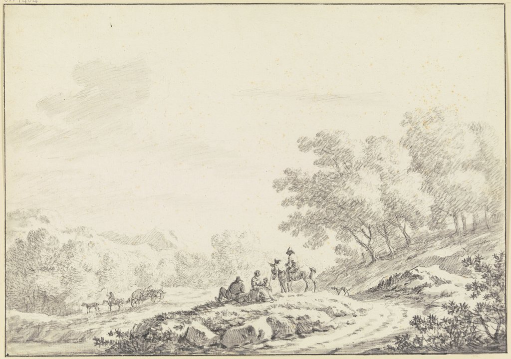Hügelige bewaldete Landschaft, im Vordergrund neben einem Weg eine Gruppe von ruhenden Landleuten mit einem Reiter und einem Hund, im Mittelgrund ein bespannter Heuwagen., Johann Christoph Dietzsch