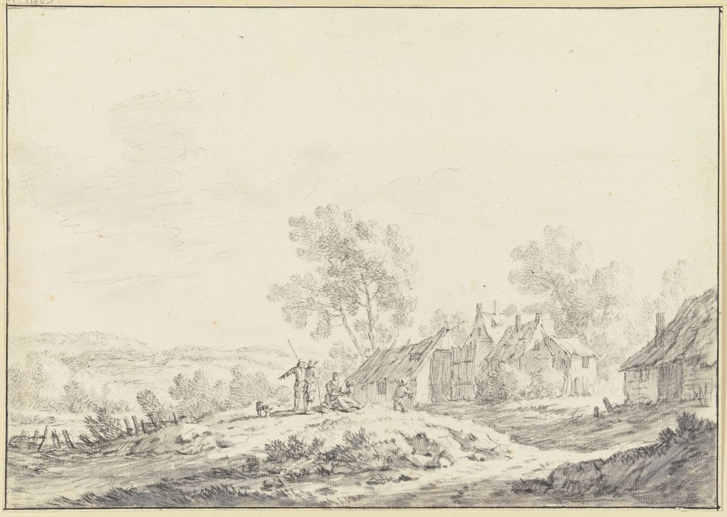 Häuser eines Dorfes in einer hügeligen Landschaft, von links führt ein Weg mit einer Gruppe von Personen über eine Anhöhe zu den Häusern, Johann Christoph Dietzsch