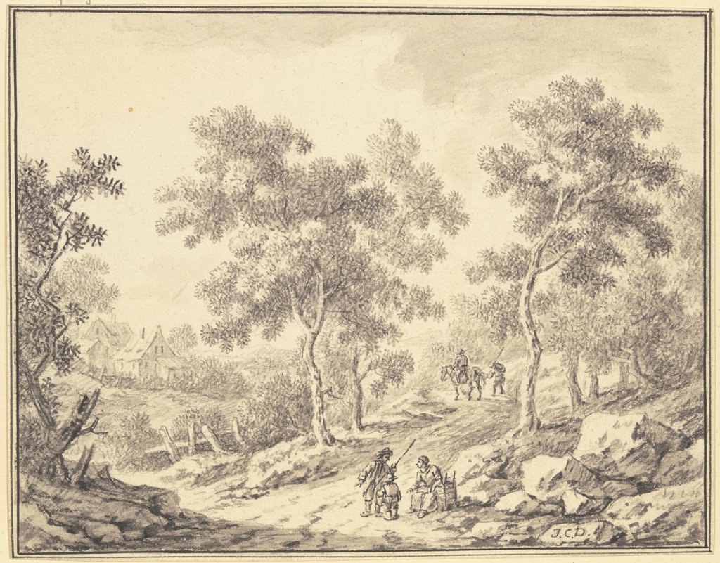 Waldweg, links Durchblick auf ein Gehöft, im Vordergrund eine sitzende Frau mit einer Kiepe und ein Mann mit einem Knaben, im Mittelgrund ein Reiter mit einem Begleiter zu Fuß, Johann Christoph Dietzsch