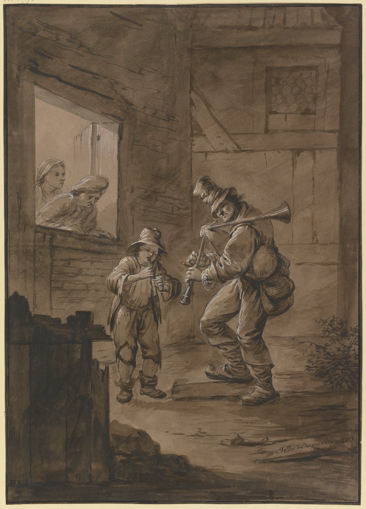 Vor einem Haus stehen ein Dudelsackpfeifer und ein flötender Knabe, Johann Jakob Dorner d. Ä.