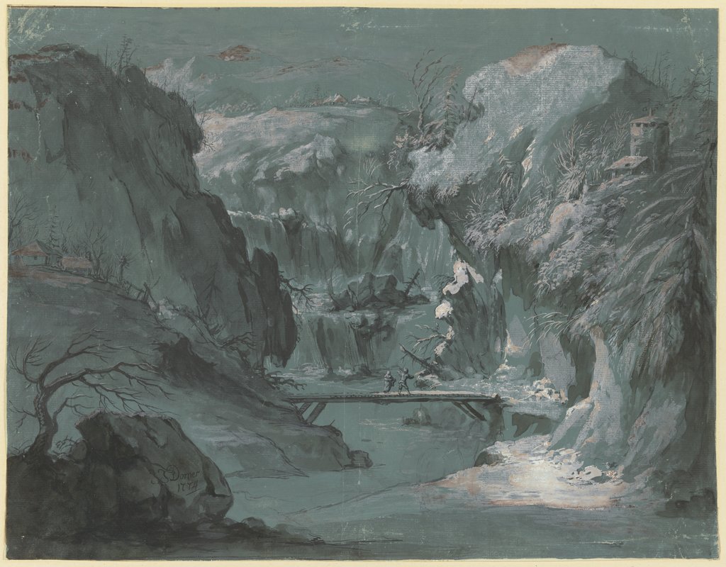 Tiefe Gebirgsschlucht mit einem Wasserfall, in der Mitte ein Steg, über den zwei Personen gehen, Johann Jakob Dorner the Elder