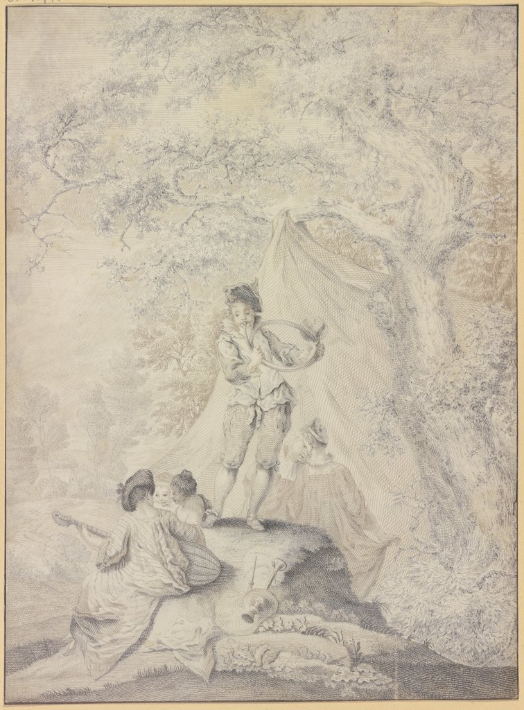 Ruhendes Paar unter einem Zelt an einem Eichenbaum, links eine Lautenspielerin mit zwei jungen Frauen ("Der Sommer"), Johann Jacob Ebersbach, nach Johann Evangelist Holzer