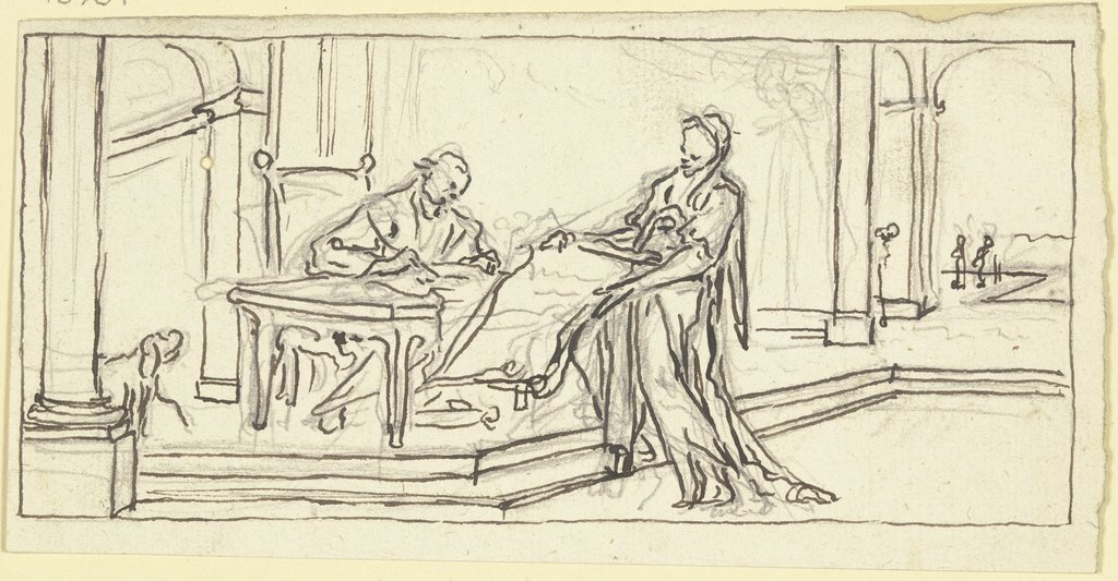 Justinus, an einem Tisch sitzend, exzerpiert sein Werk aus den Schriften des Trogus Pompejus, Paul Egell