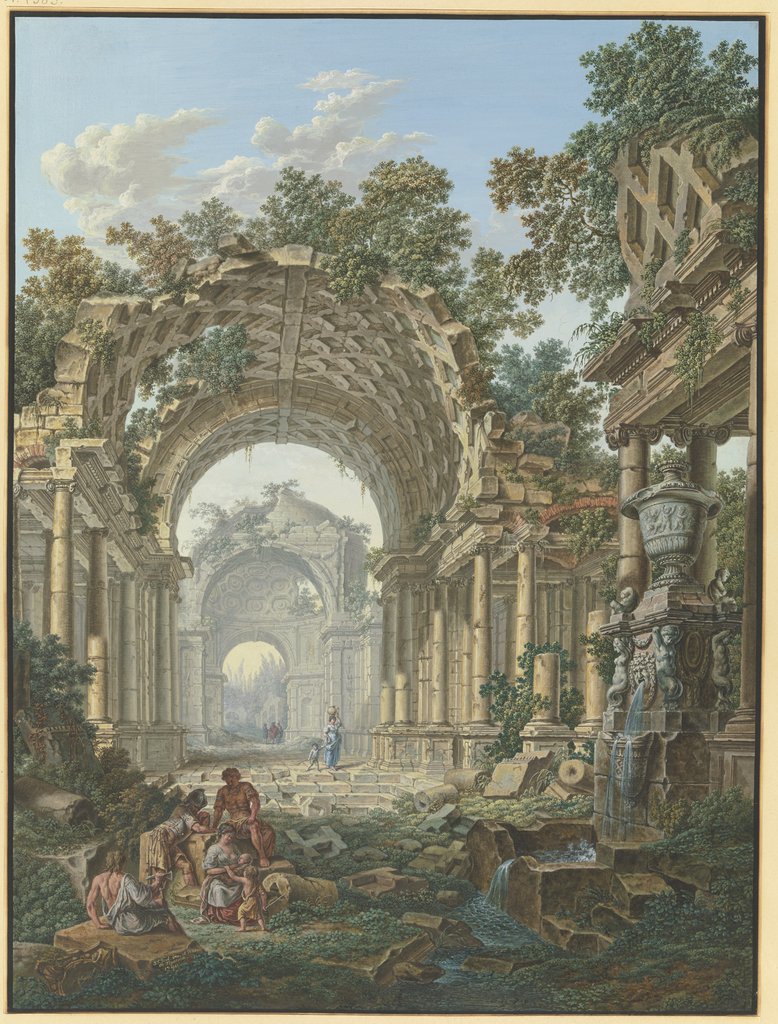 Römische Ruinen, rechts ein Brunnen, mit Staffage, Jean François Gout