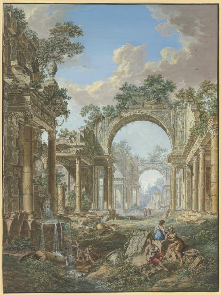 Römische Ruinen, links ein Brunnen, mit Staffage, Jean François Gout