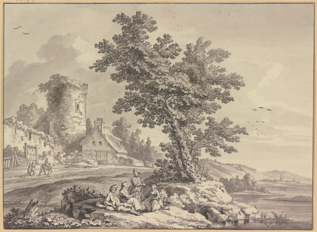 Flusslandschaft, links ein Bauernhaus an dem Turm einer Stadtmauer, in der Bildmitte rasten vier Personen an einem Baum, Jakob Philipp Hackert