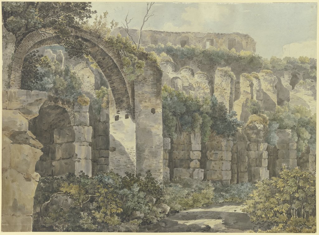 Römische Ruinen mit großem Bogen und hohen Mauern, von Pflanzen überwuchert, Deutsch, 18. Jahrhundert