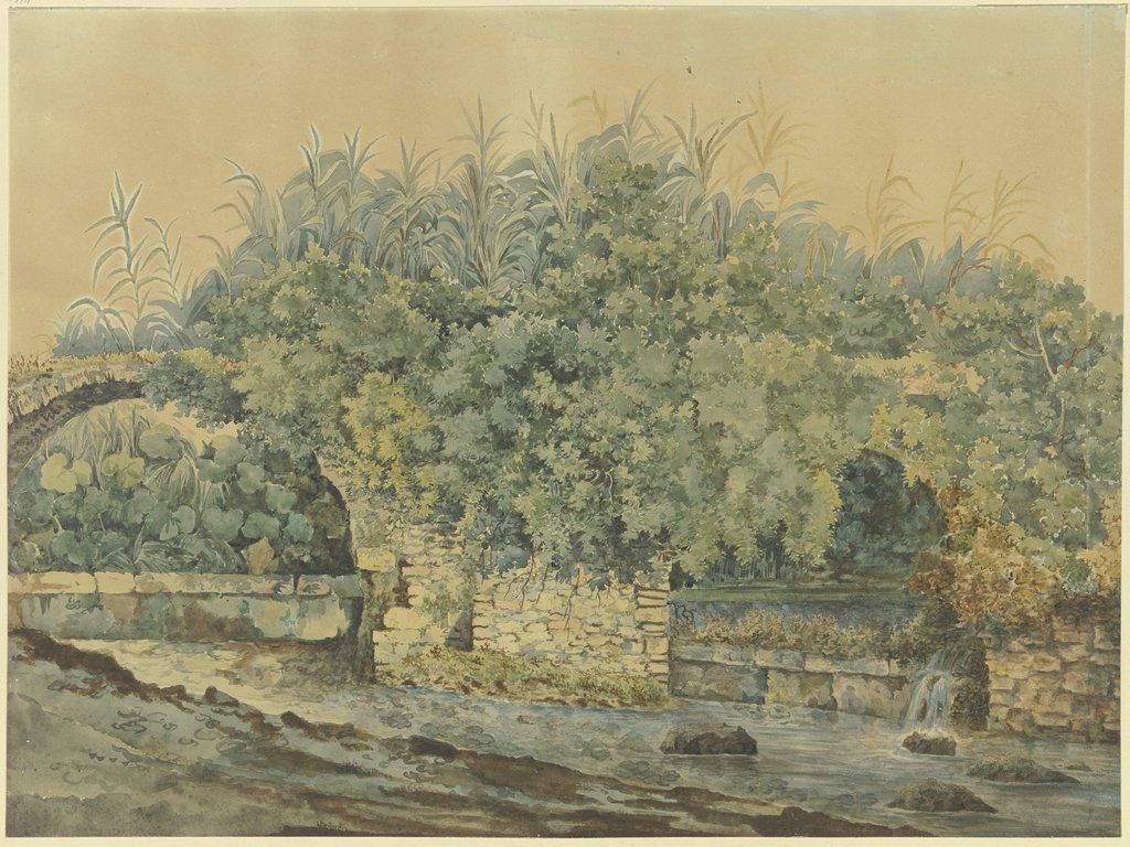 Verfallene Steinbrücke über einen Bach, von Büschen und Pflanzen überwuchert, German, 18th century