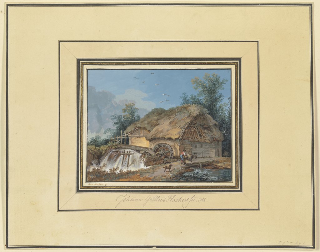 Strohgedeckte Wassermühle, zu der ein Bauer mit Esel und Hund kommt, Johann Gottlieb Hackert