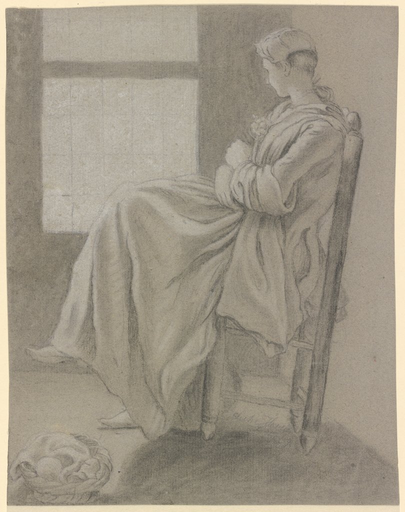 Sitzendes Mädchen am Fenster, nach links schauend, im Vordergrund links steht ein Korb auf dem Boden, Friedrich Ludwig Hauck