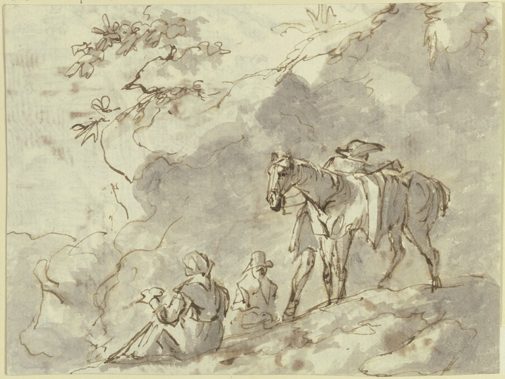 Felshang, davor ein Pferd, dem ein Reiter aufsitzen will, am Boden zwei sitzende Figuren, Johann Andreas Herrlein