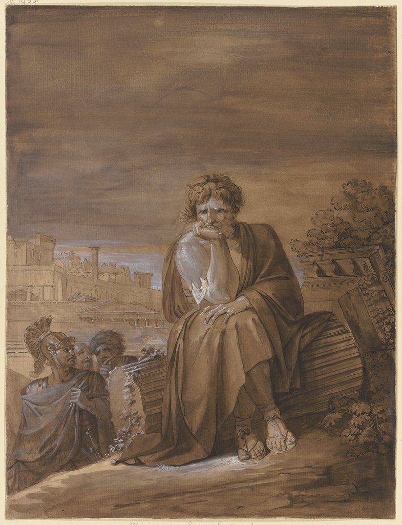 Marius auf den Trümmern Karthagos, der Feldherr sitzt auf einer gestürzten Säule, links erscheinen drei Krieger in Halbfigur, Philipp Friedrich von Hetsch