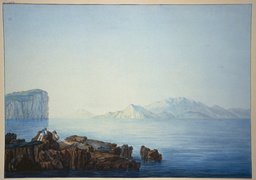 Aus Sizilien: Felsenufer am Meer, im Vordergrund zwei ruhende Figuren, im Hintergrund Inseln