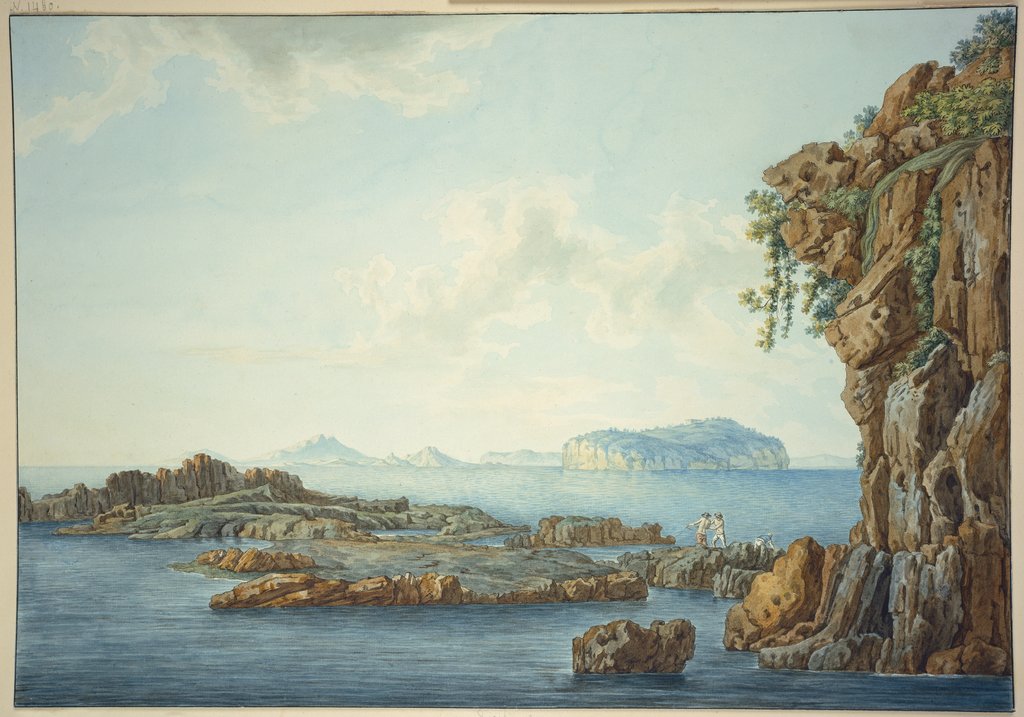 Sizilien, Felsufer am Meer, im Vordergrund drei Fischer, im Hintergrund Inseln, Christoph Heinrich Kniep