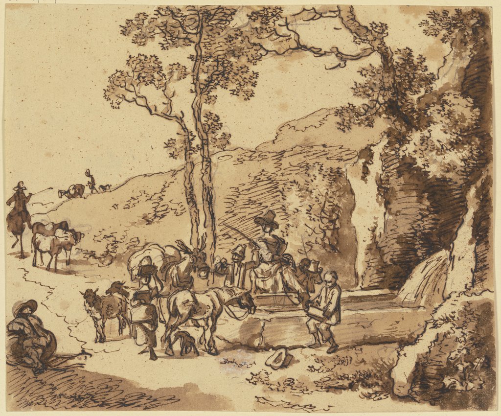 Hirtenszene an einem Brunnen, Schafe und Maulesel nähern sich der Tränke, an der eine Reiterin ihr Pferd tränkt, Johann Christian Klengel